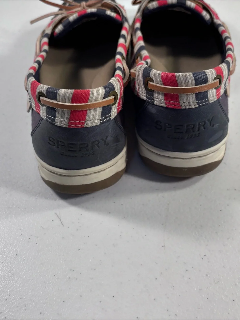 Sperry Navy women’s Boat Shoes with Red & Cream Striped Trim